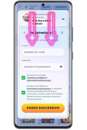 Nel Casino App inserisci email e password